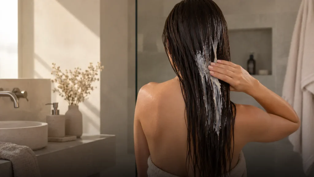 Donna che applica un impacco pre-shampoo sui capelli dopo l’estate