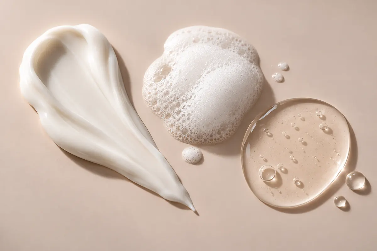 Texture cremosa, schiumosa e acquosa dei tre gesti della routine di detersione viso