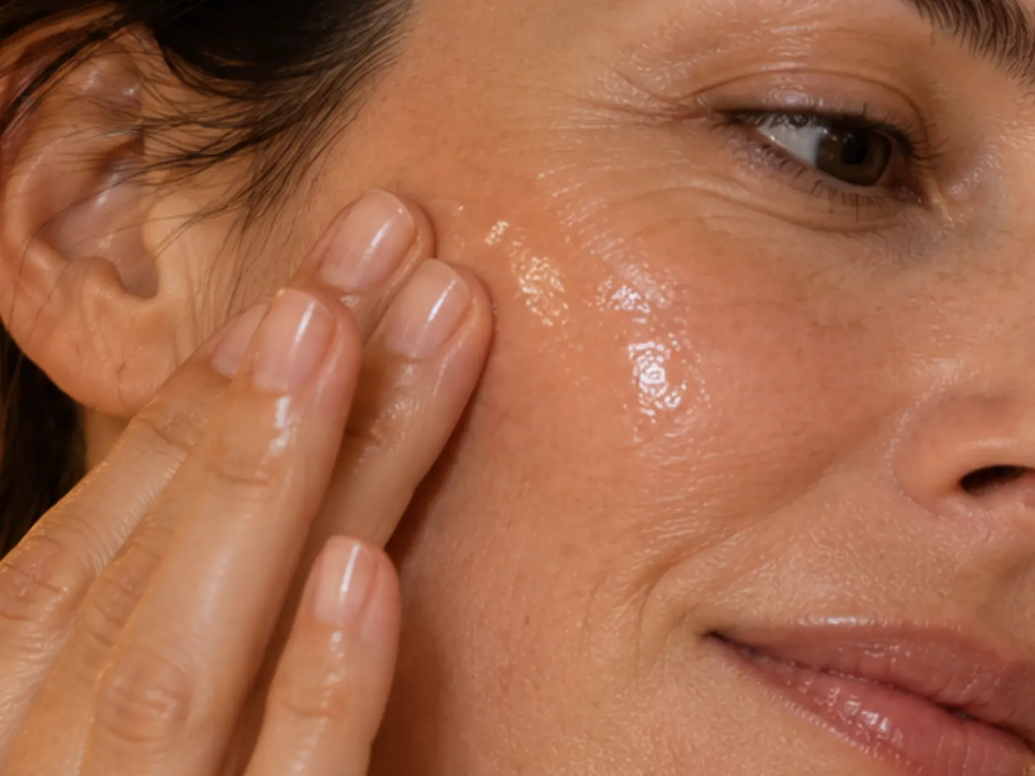 Donna adulta che applica un siero sul viso durante la routine serale