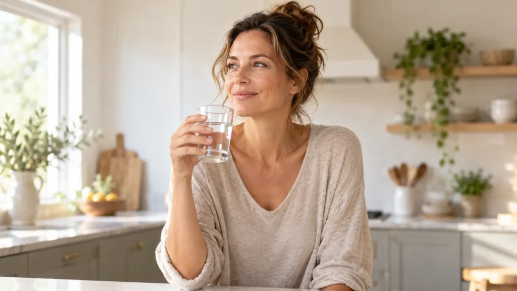 Donna adulta con un bicchiere d’acqua durante un momento di cura di sé