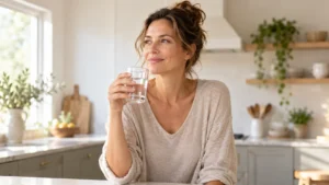 Donna adulta con un bicchiere d’acqua durante un momento di cura di sé