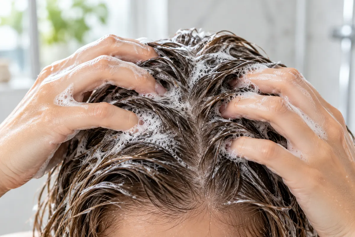 Massaggio della cute con i polpastrelli durante lo shampoo