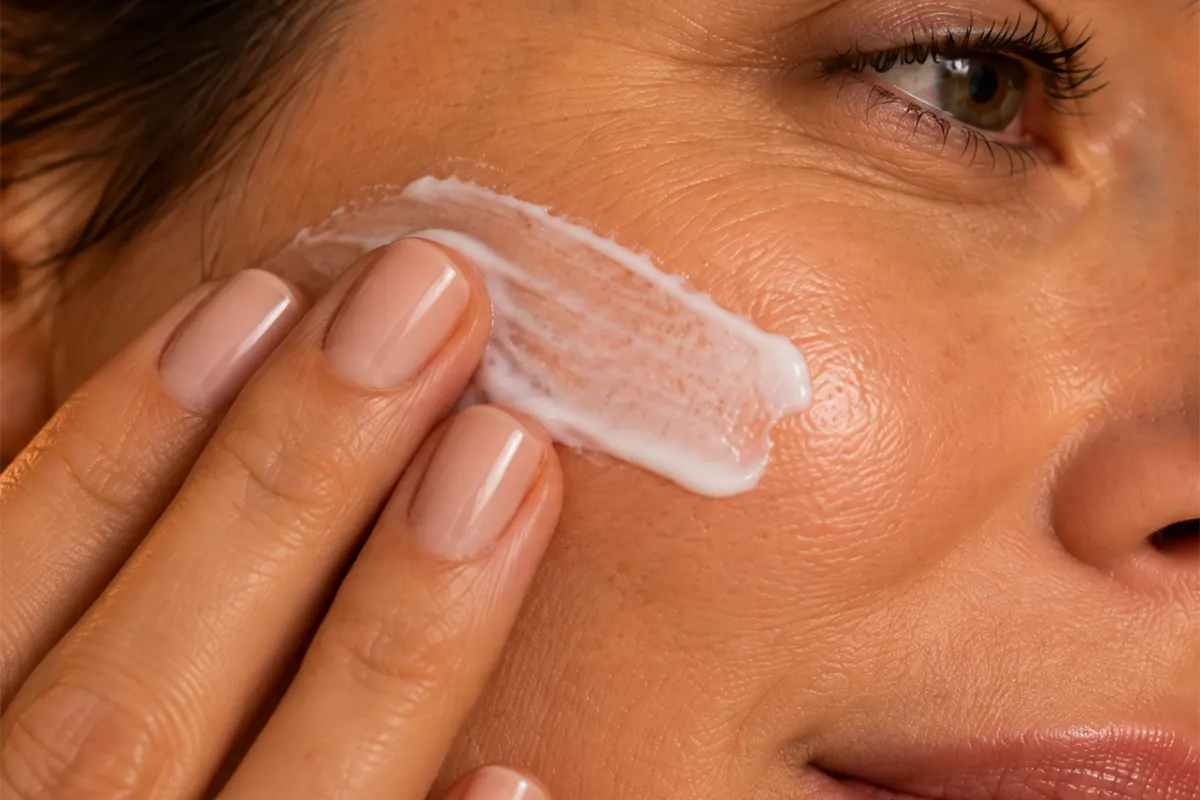 Donna che applica una crema sul viso durante il rituale di skincare serale